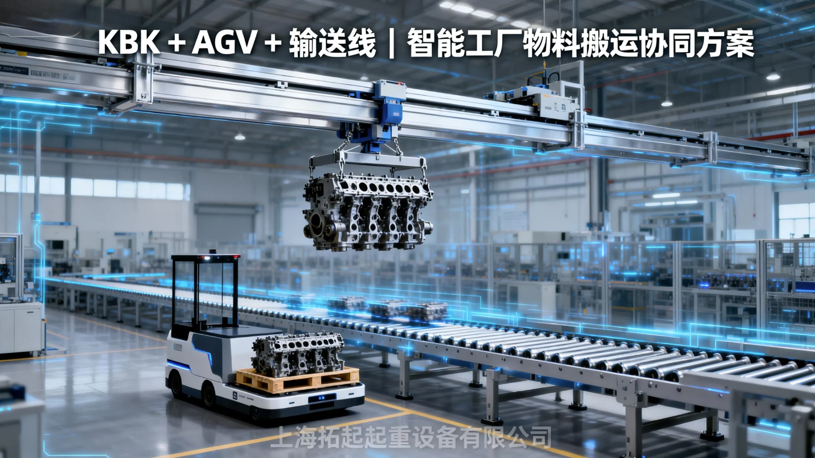KBK柔性起重机与AGV输送线协同作业智能工厂物料搬运方案 上海拓起起重设备 KBK柔性起重机与AGV输送线协同作业智能工厂物料搬运方案 上海拓起起重设备