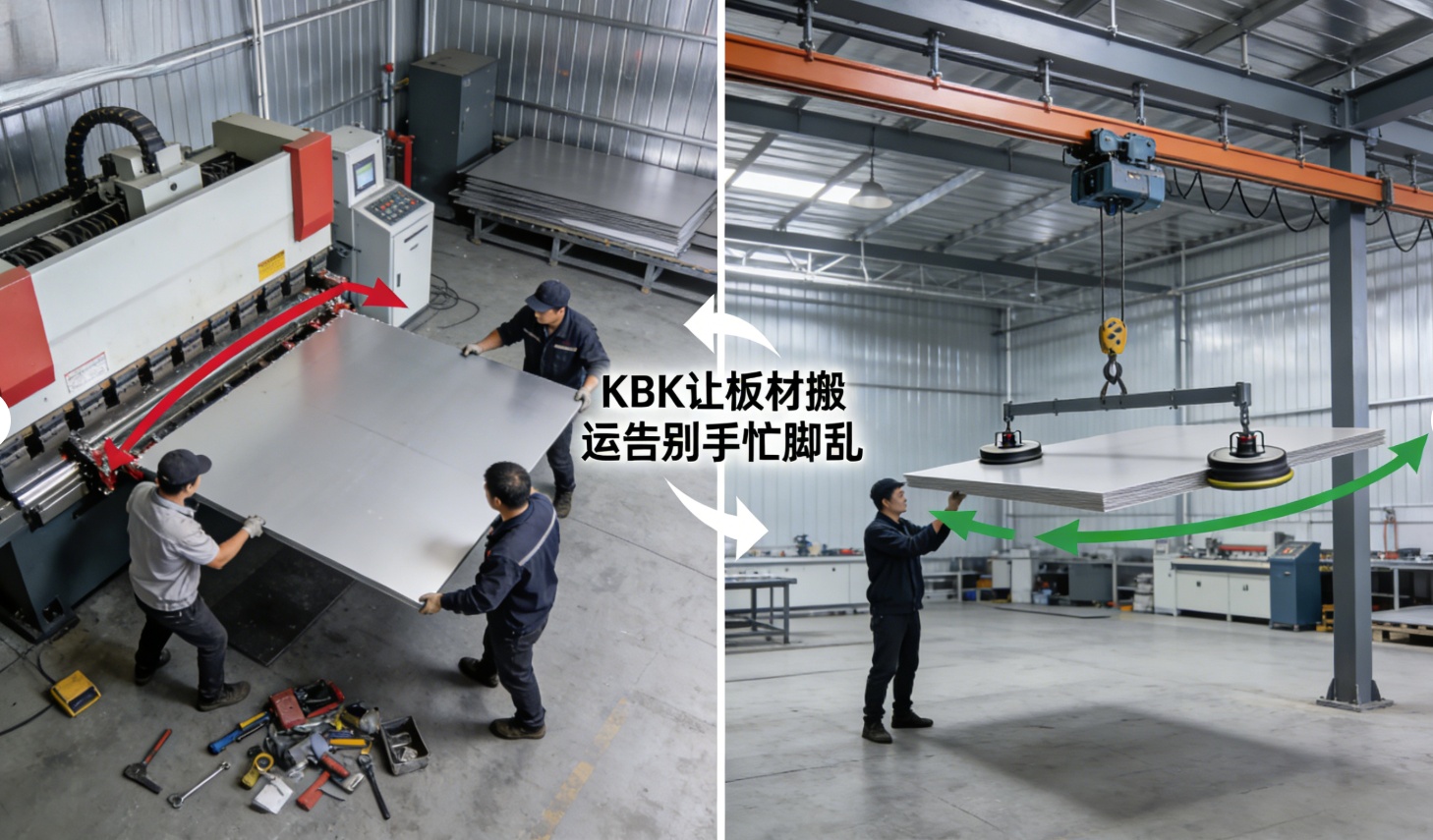 人工搬运与KBK吊运钣金板材对比 板材空中翻面一人操作 上海拓起起重