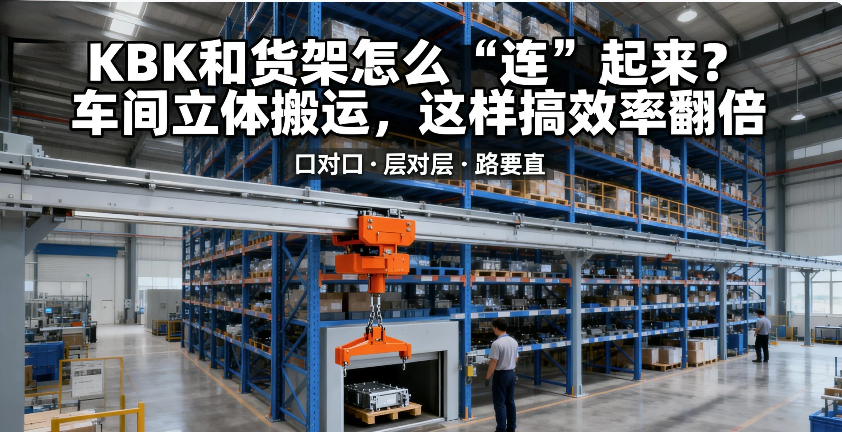 KBK轨道正对立体货架口,标题KBK与货架立体联动 KBK轨道正对立体货架口,标题KBK与货架立体联动