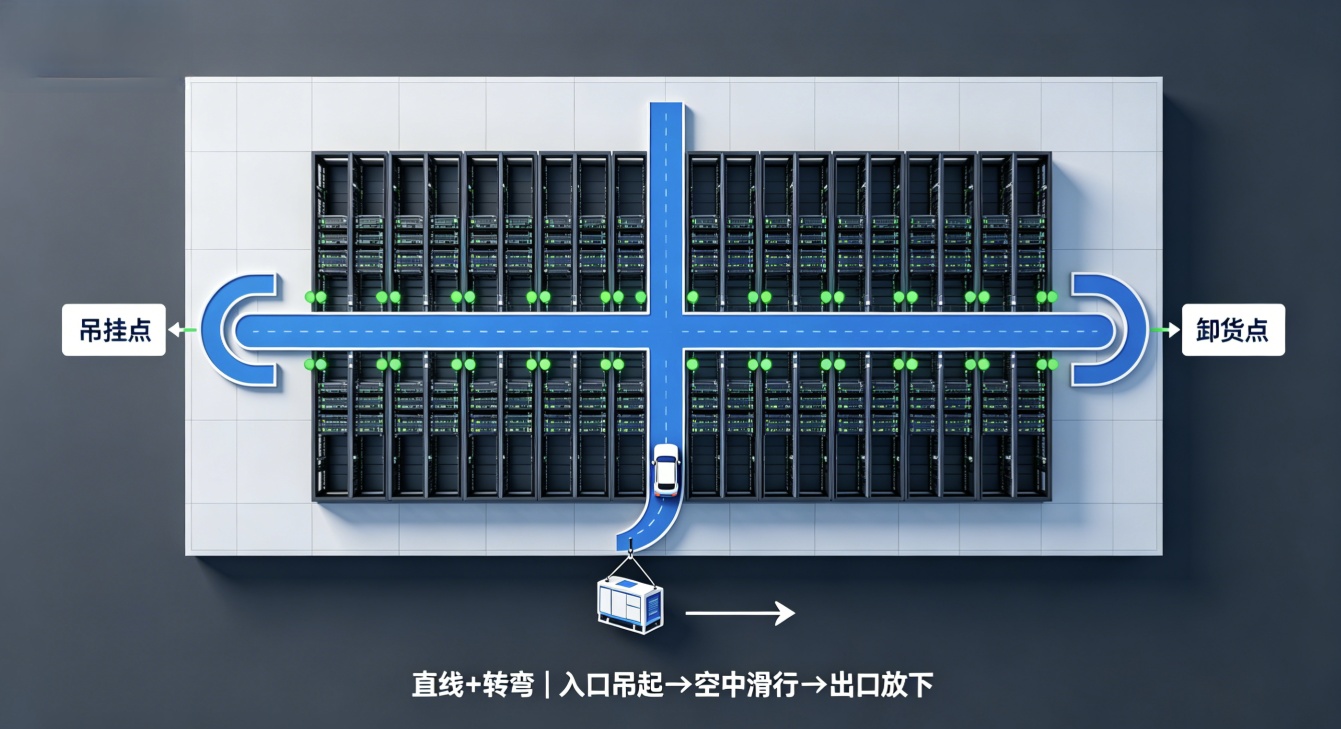 测试老化区KBK轨道布局及吊运流程示意图