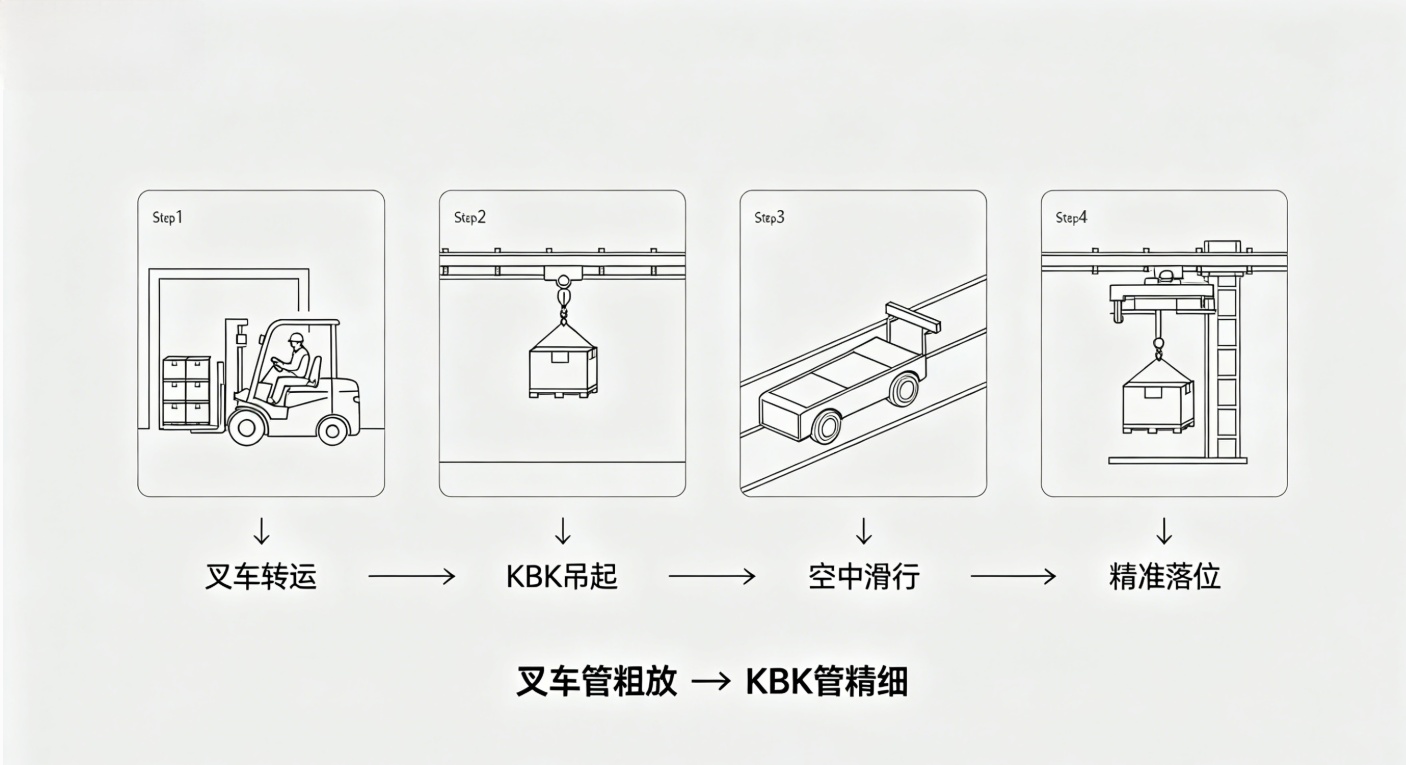 叉车与KBK协作上架四步流程图