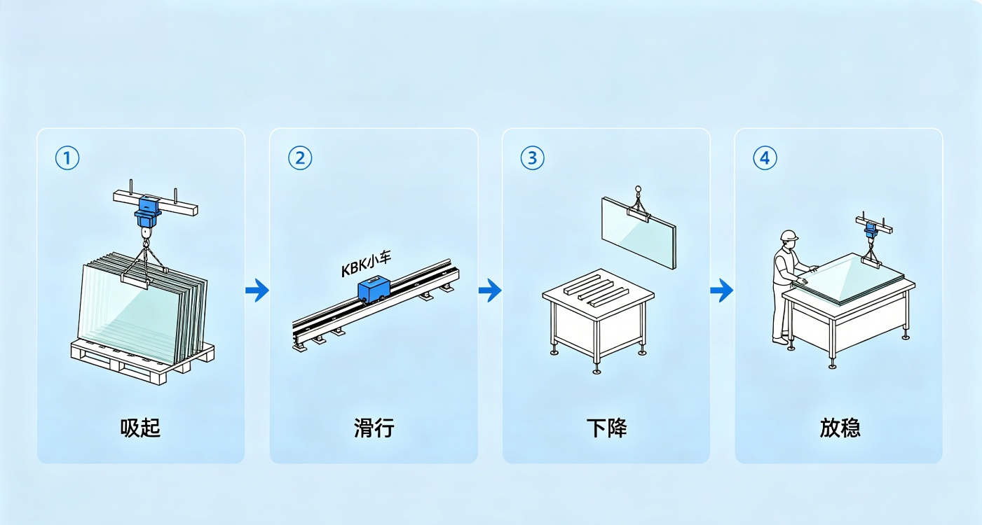 KBK真空吸盘搬运光伏玻璃四步流程图 KBK真空吸盘搬运光伏玻璃四步流程图
