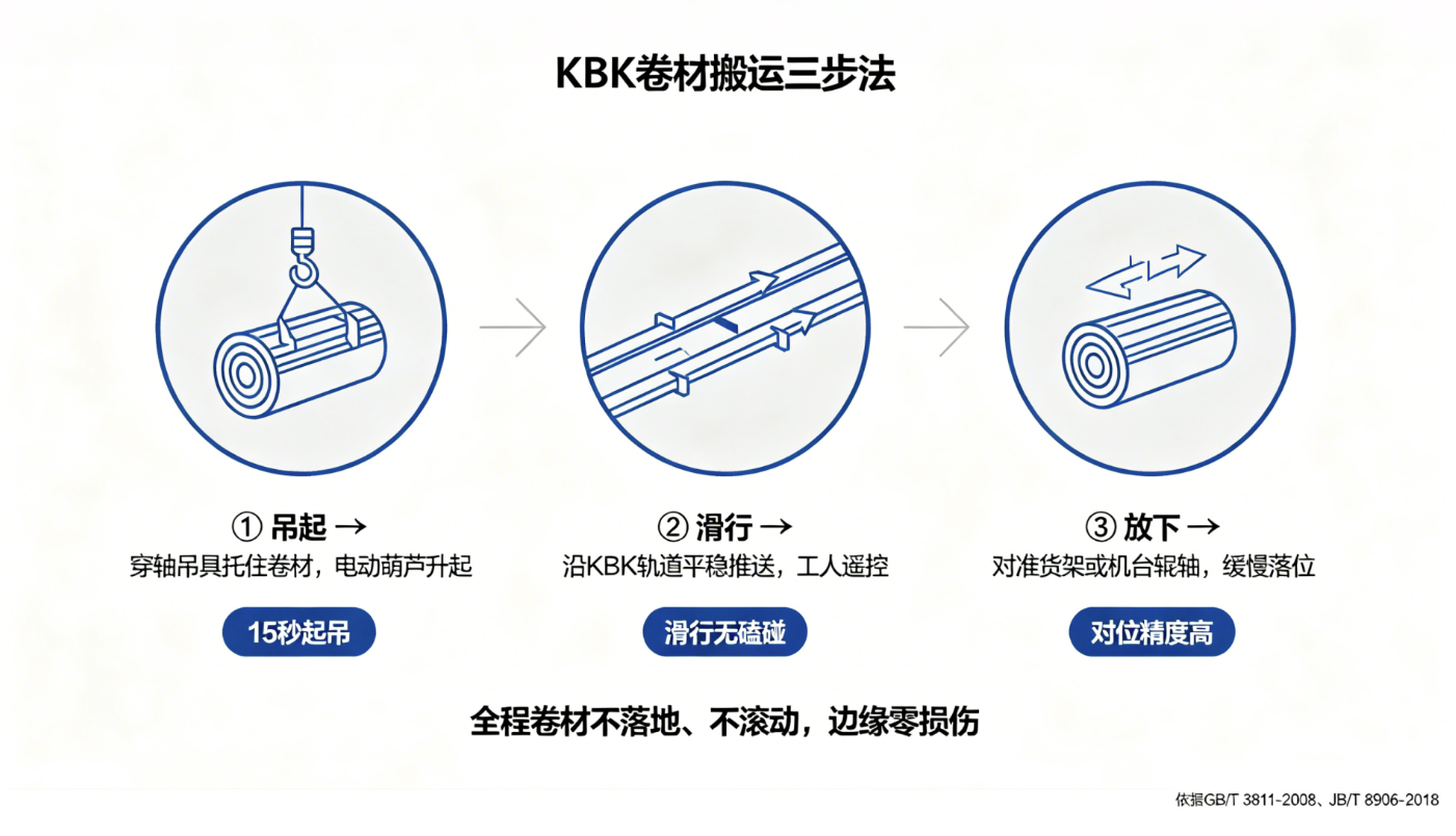 KBK卷材搬运三步法示意图 KBK卷材搬运三步法示意图