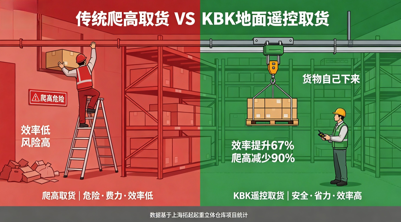 传统爬高取货与KBK地面遥控取货效果对比图 传统爬高取货与KBK地面遥控取货效果对比图