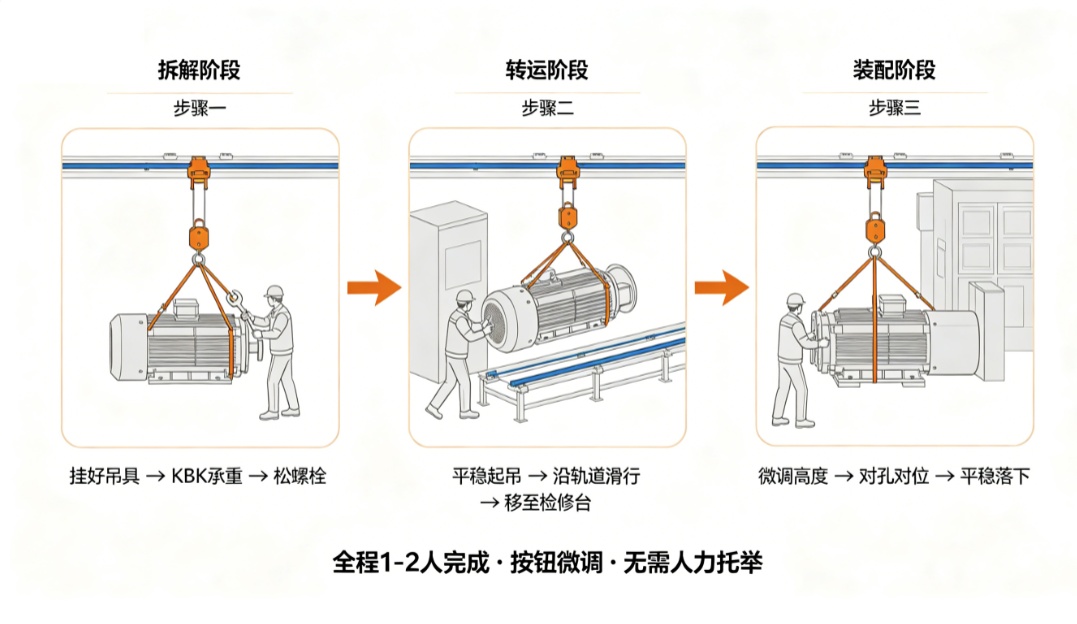 维修工位KBK三步骤拆装流程图