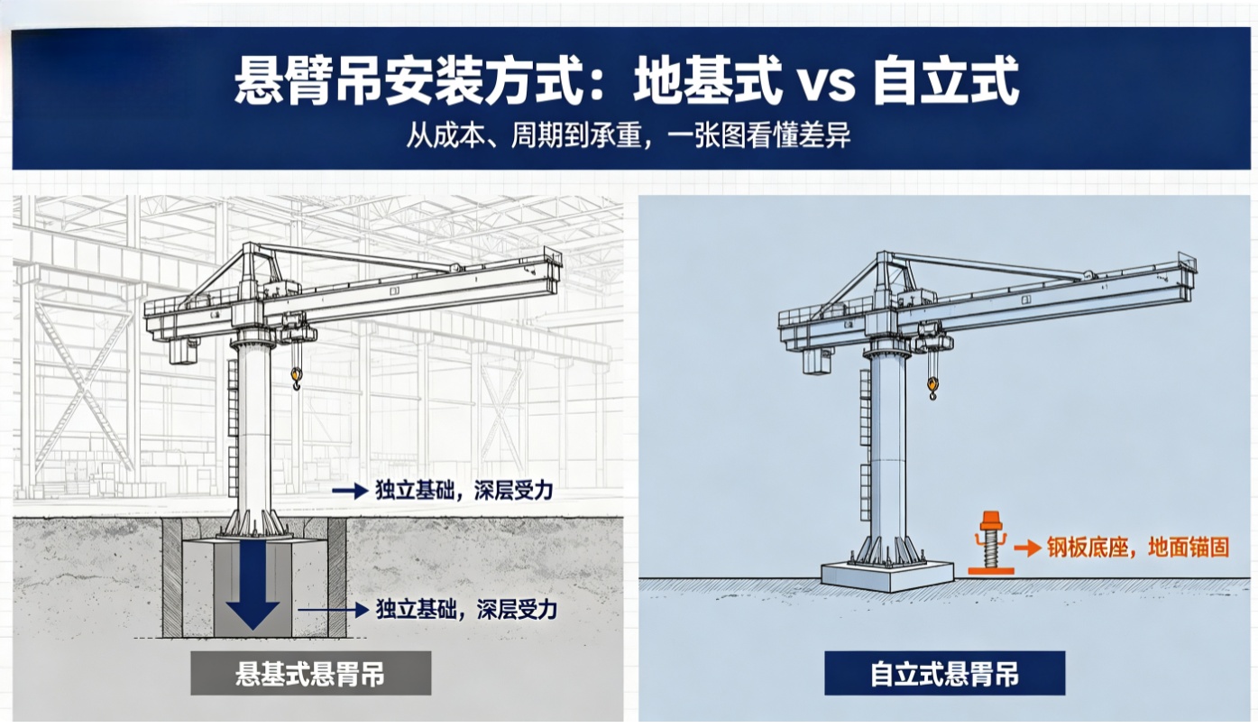 地基式与自立式悬臂吊安装对比解析图 地基式与自立式悬臂吊安装对比解析图