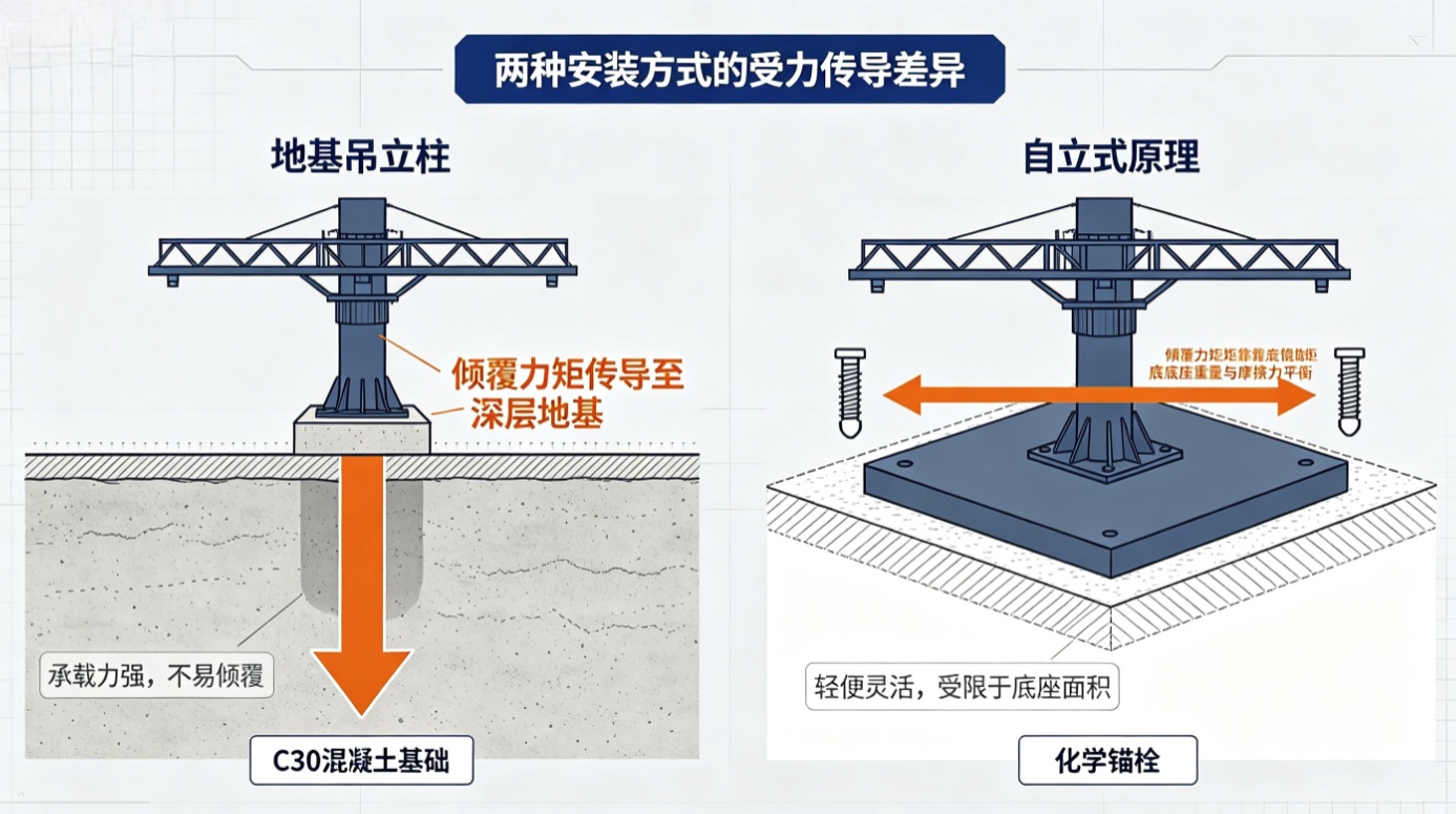 悬臂吊地基式与自立式受力对比示意图 悬臂吊地基式与自立式受力对比示意图