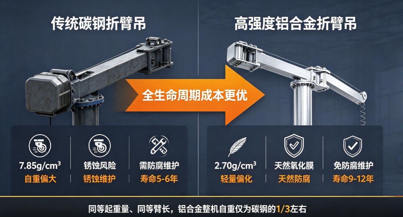 铝合金与碳钢折臂吊性能对比:密度、防腐、寿命差异 铝合金与碳钢折臂吊性能对比:密度、防腐、寿命差异