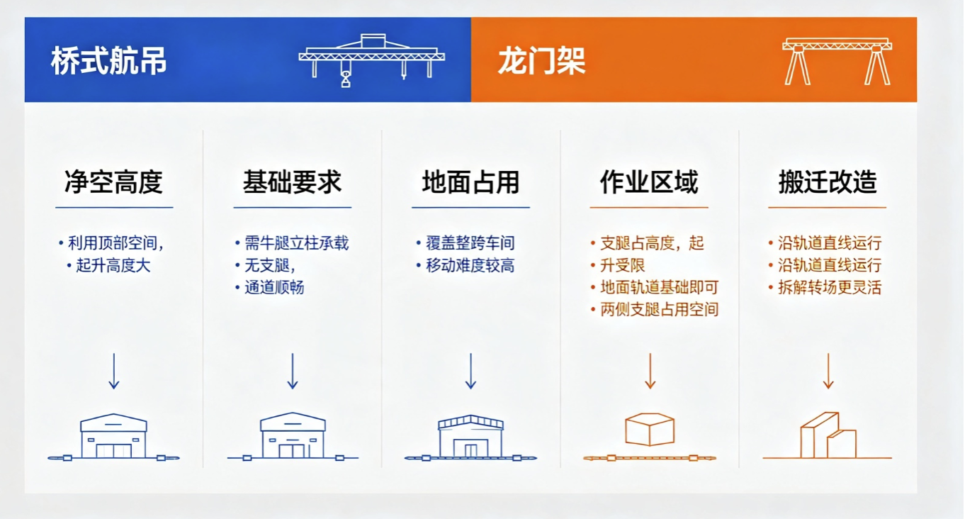 桥式起重机与龙门架五大维度对比信息图 桥式起重机与龙门架五大维度对比信息图
