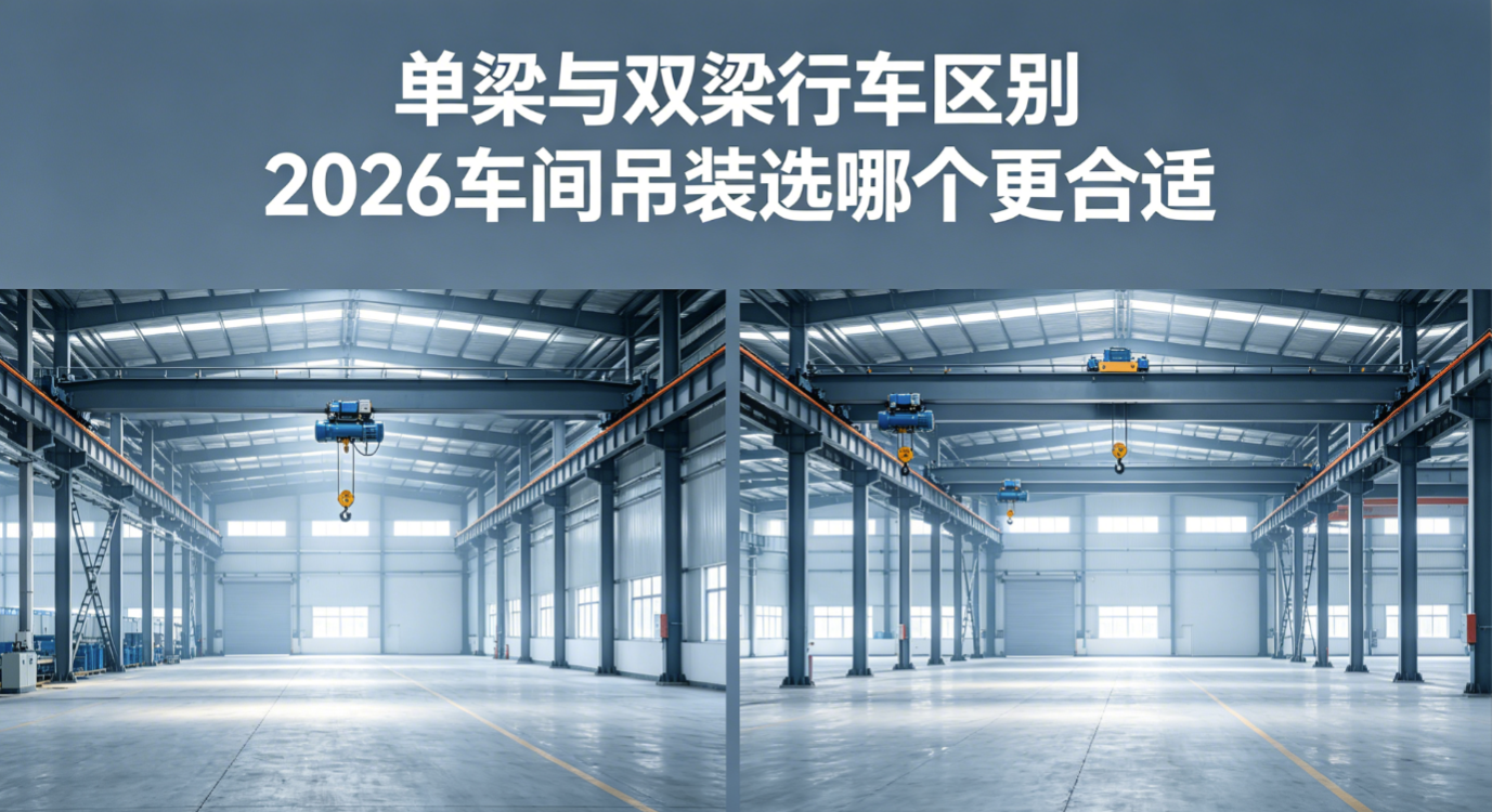 单梁与双梁行车结构对比实景图,左单梁右双梁 单梁与双梁行车结构对比实景图,左单梁右双梁