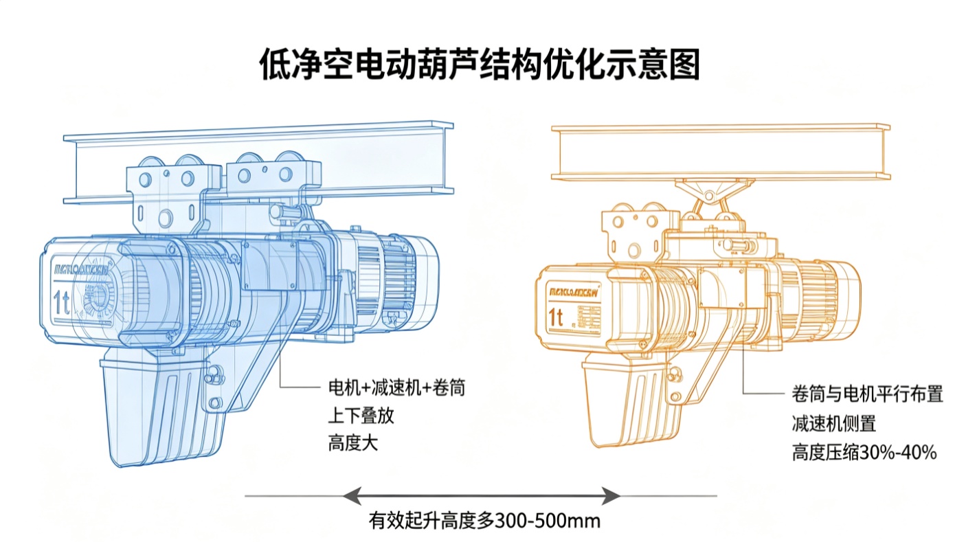 低净空与标准电动葫芦结构布局对比 低净空与标准电动葫芦结构布局对比